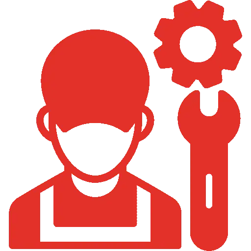 A red and black picture of a person with a wrench