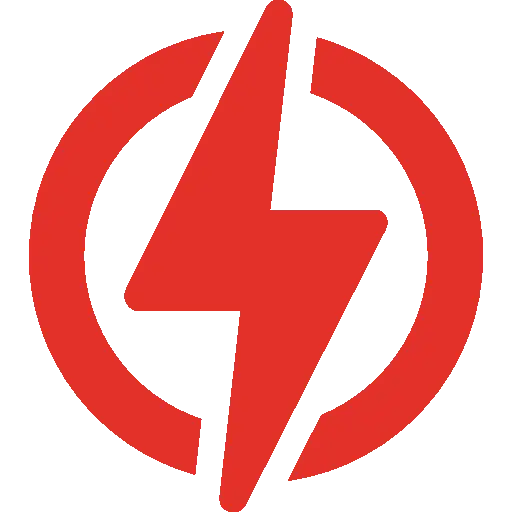 A red and black logo with an electric symbol.